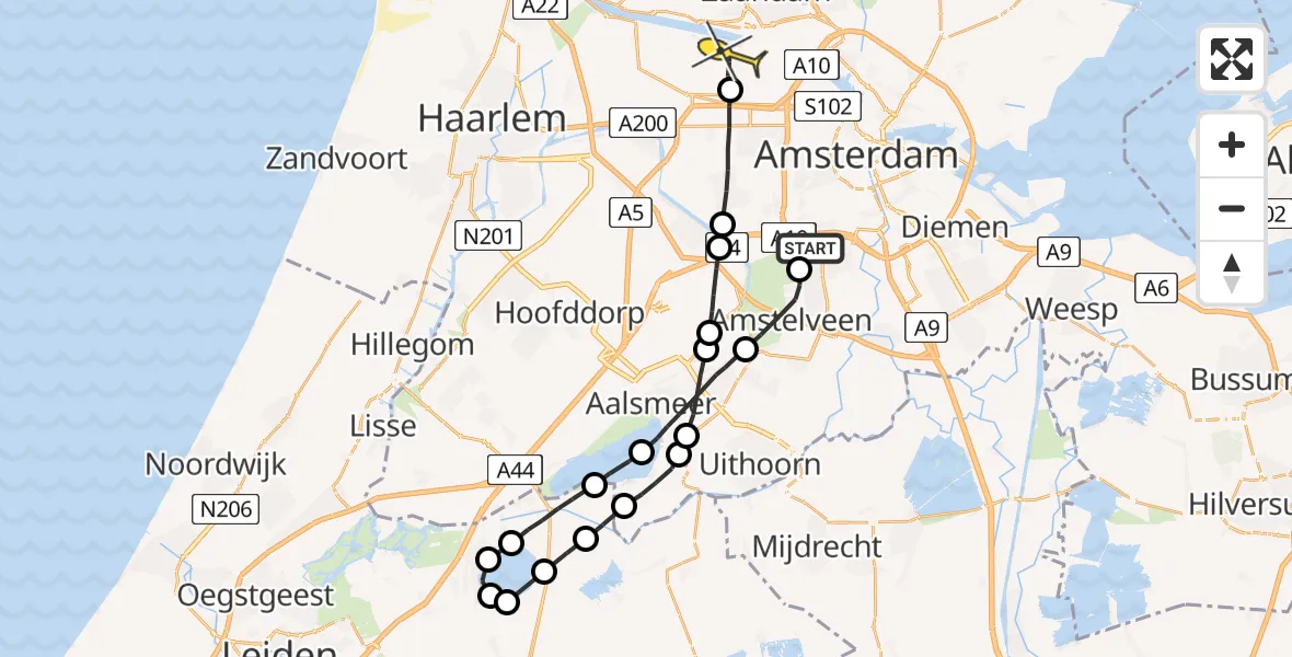Routekaart van de vlucht: Lifeliner 1 naar Amsterdam Heliport