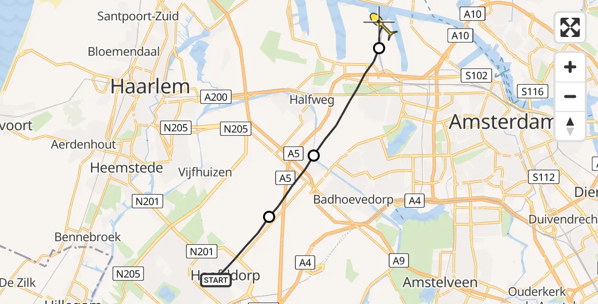 Routekaart van de vlucht: Lifeliner 1 naar Amsterdam Heliport