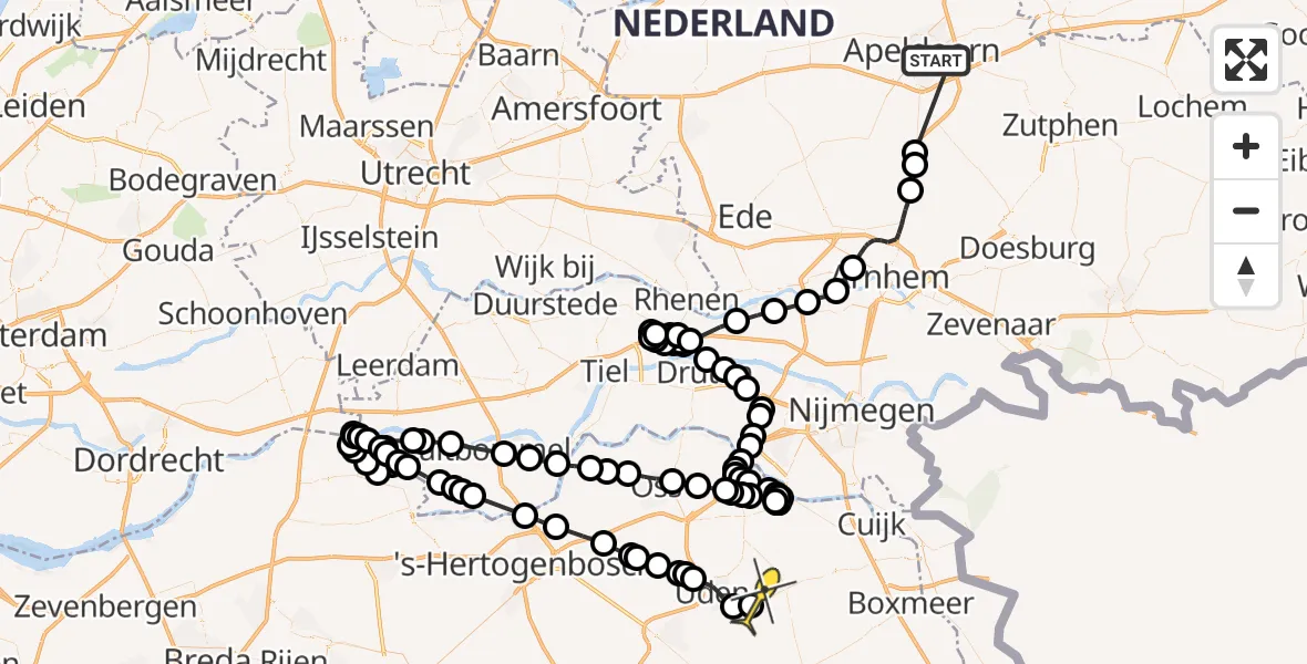 Routekaart van de vlucht: Politieheli naar Vliegbasis Volkel