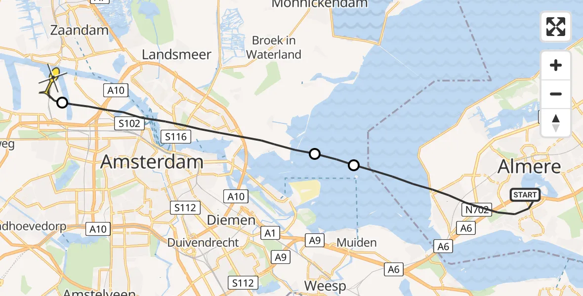 Routekaart van de vlucht: Lifeliner 1 naar Amsterdam Heliport