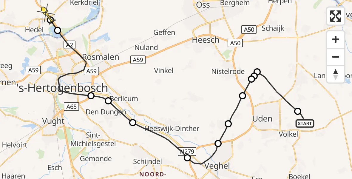 Routekaart van de vlucht: Politieheli naar Hedel