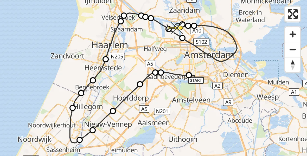Routekaart van de vlucht: Lifeliner 1 naar Amsterdam Heliport