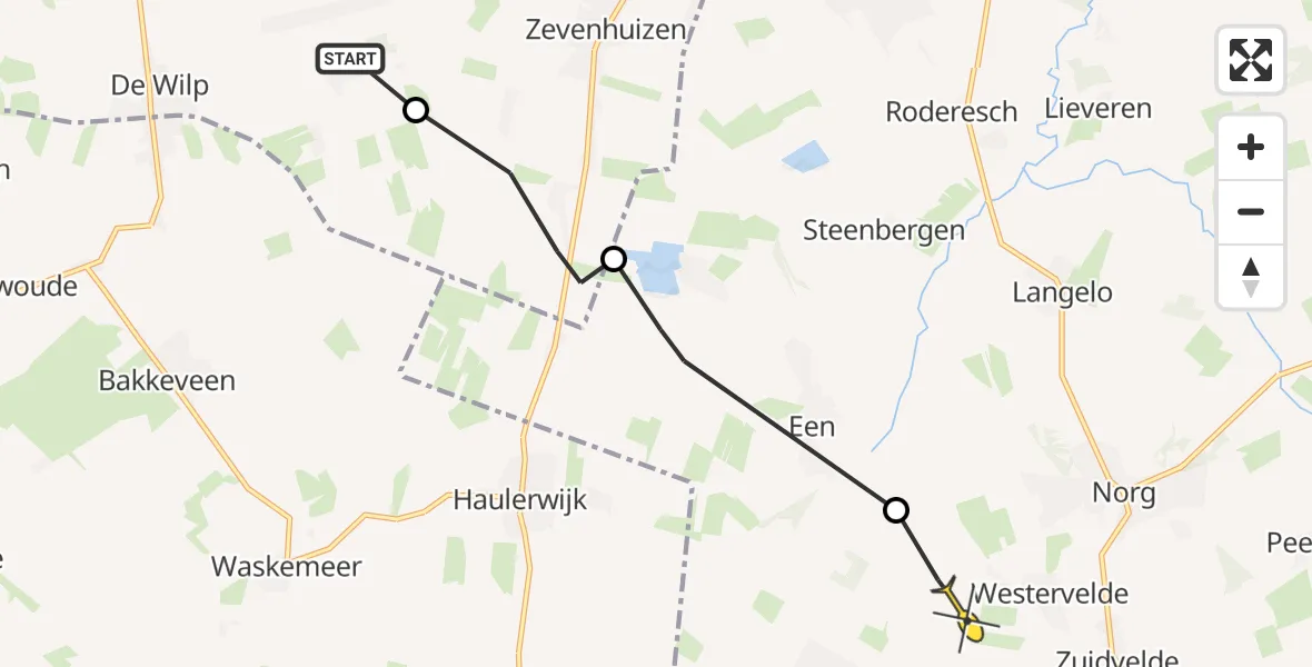 Routekaart van de vlucht: Ambulancehelikopter naar Westervelde