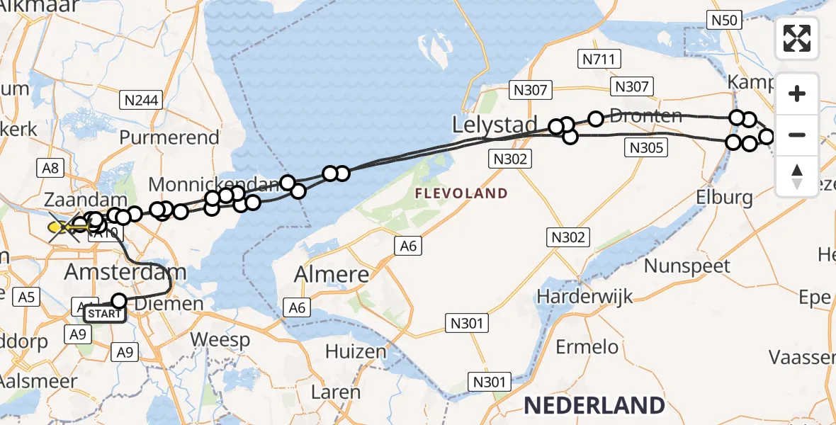 Routekaart van de vlucht: Lifeliner 1 naar Amsterdam Heliport