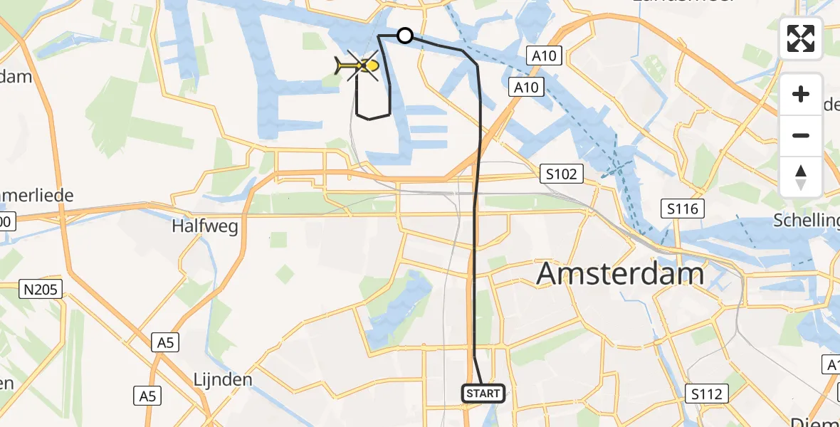 Routekaart van de vlucht: Lifeliner 1 naar Amsterdam Heliport