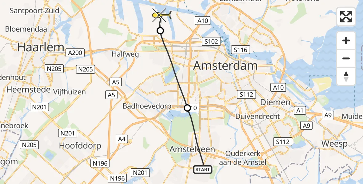 Routekaart van de vlucht: Lifeliner 1 naar Amsterdam Heliport