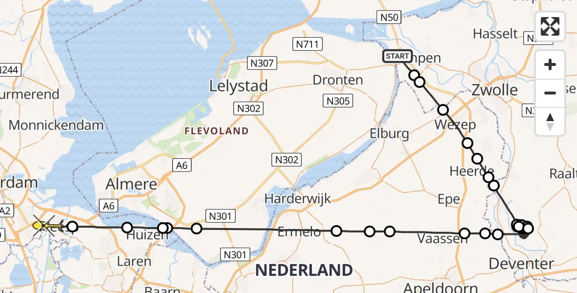 Routekaart van de vlucht: Politieheli naar Amsterdam