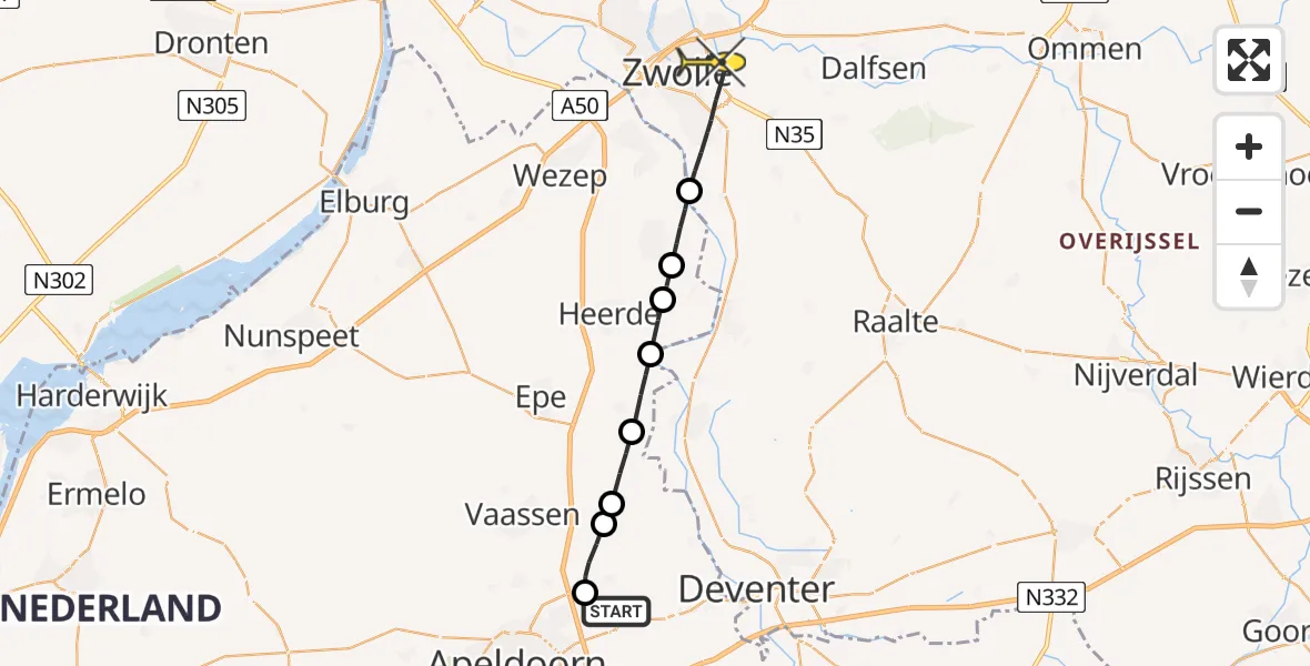 Routekaart van de vlucht: Lifeliner 1 naar Zwolle