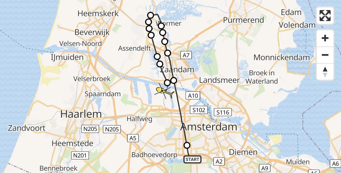 Routekaart van de vlucht: Lifeliner 1 naar Amsterdam Heliport