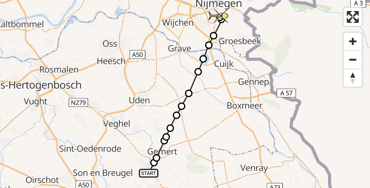 Routekaart van de vlucht: Lifeliner 3 naar Radboud Universitair Medisch Centrum