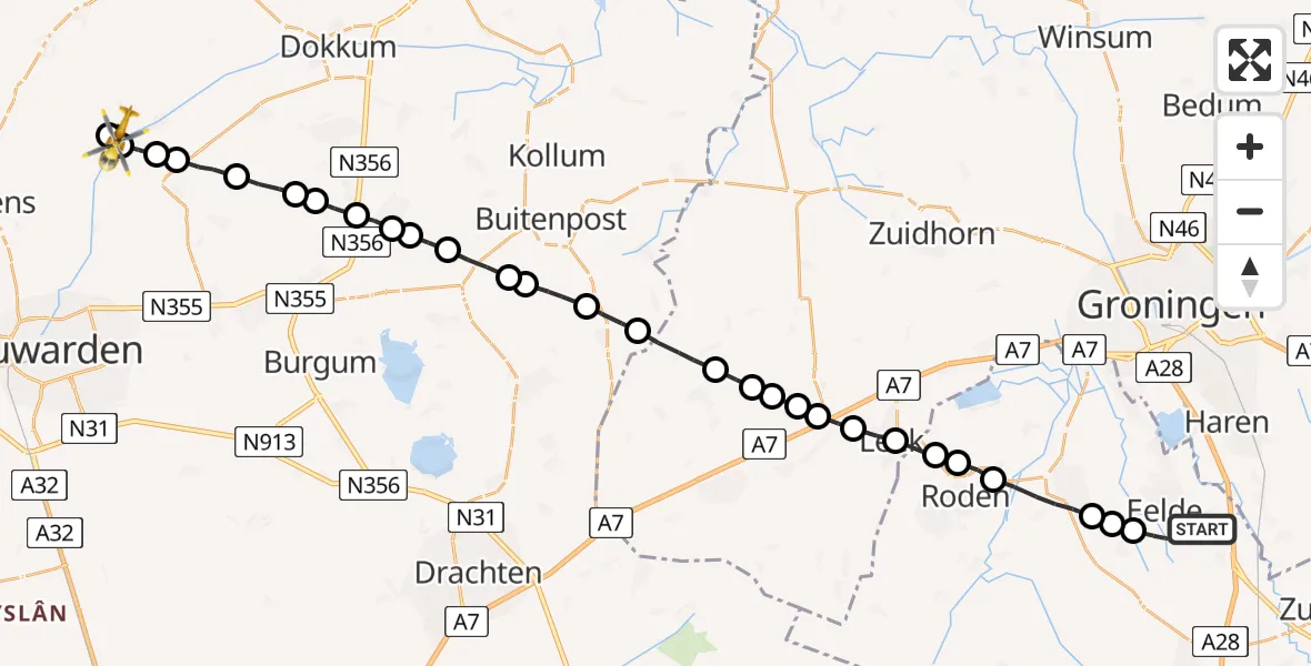 Vluchtroute Traumahelikopter Groningen Airport Eelde - Wânswert, 01 juli 2022, 08:47