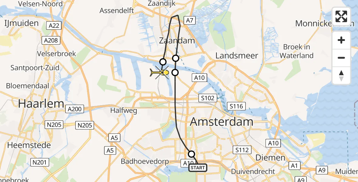 Routekaart van de vlucht: Lifeliner 1 naar Amsterdam Heliport