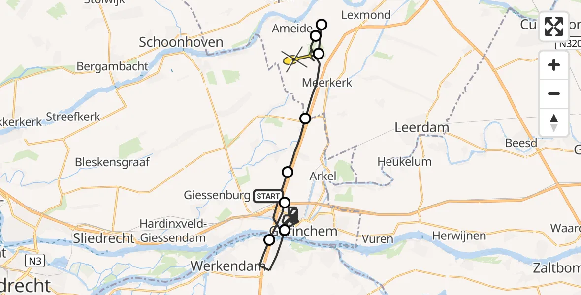 Routekaart van de vlucht: Politieheli naar Meerkerk