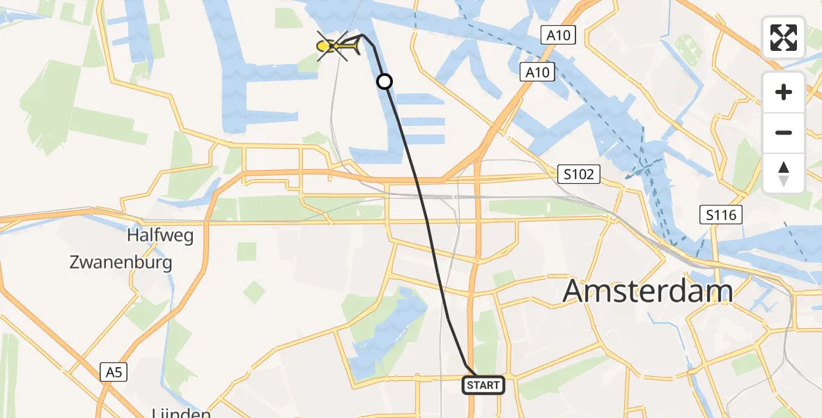 Routekaart van de vlucht: Lifeliner 1 naar Amsterdam Heliport