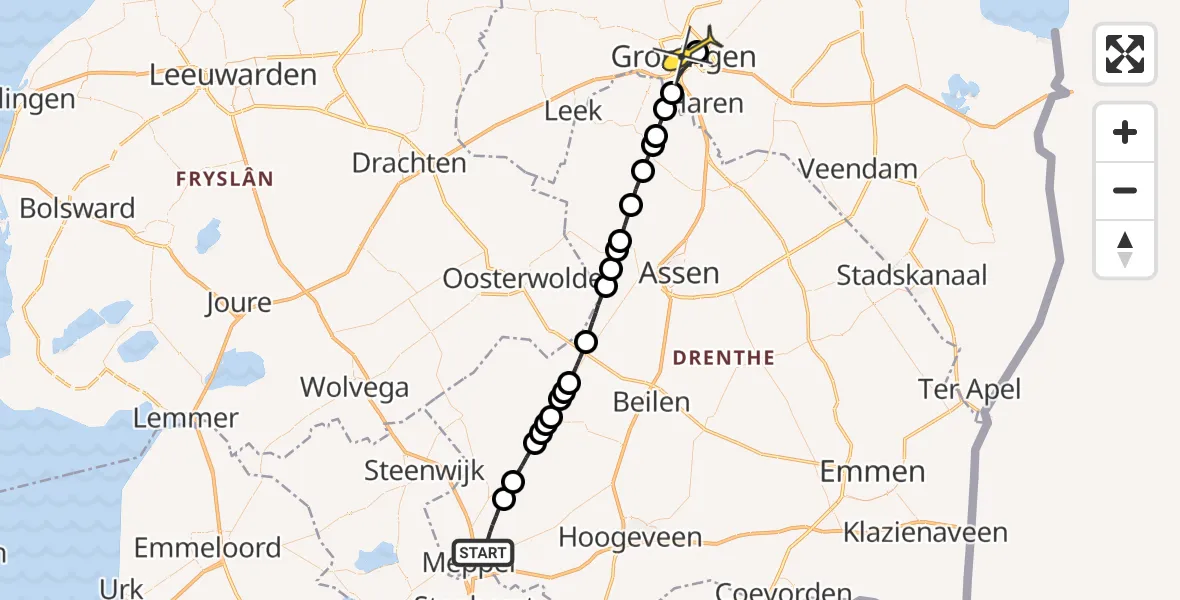 Routekaart van de vlucht: Lifeliner 3 naar Universitair Medisch Centrum Groningen