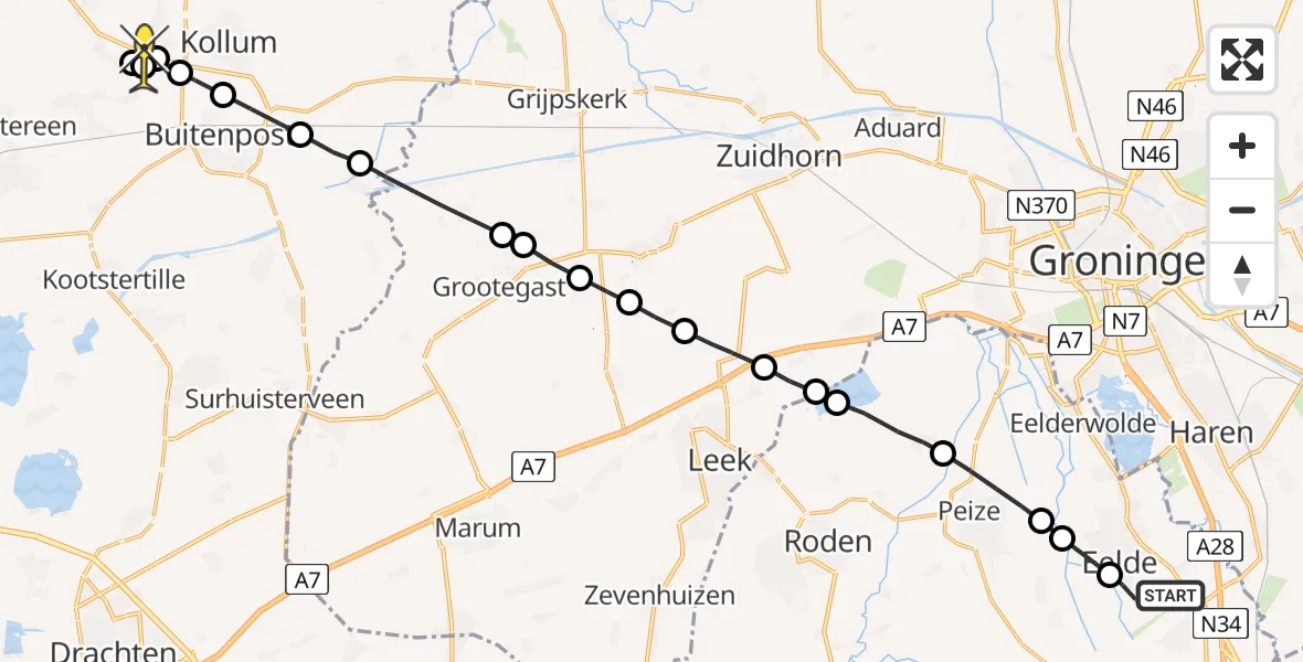 Routekaart van de vlucht: Lifeliner 4 naar Oudwoude