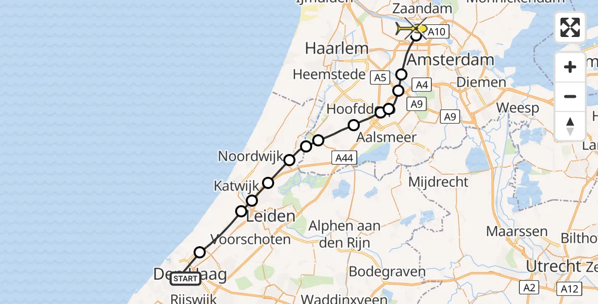 Routekaart van de vlucht: Lifeliner 1 naar Amsterdam Heliport