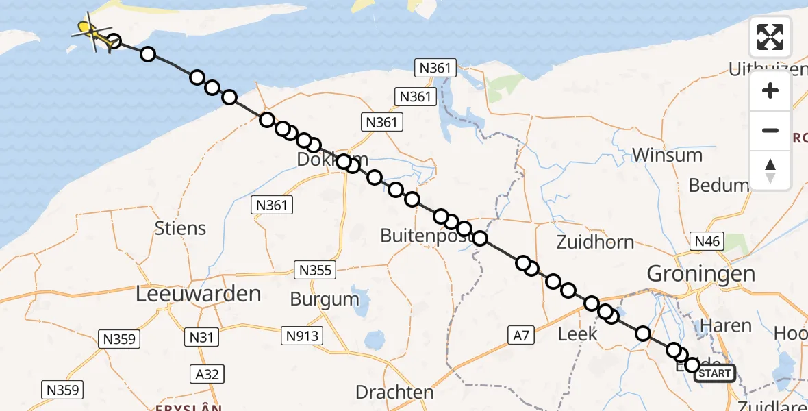 Routekaart van de vlucht: Lifeliner 4 naar Hollum