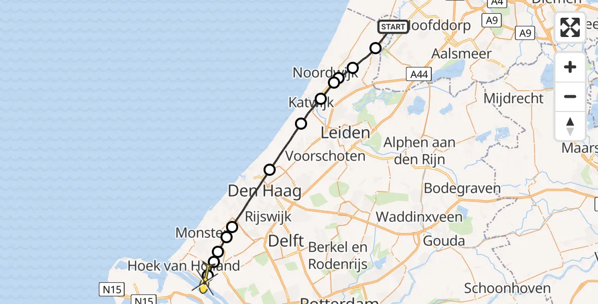 Routekaart van de vlucht: Lifeliner 1 naar Hoek van Holland