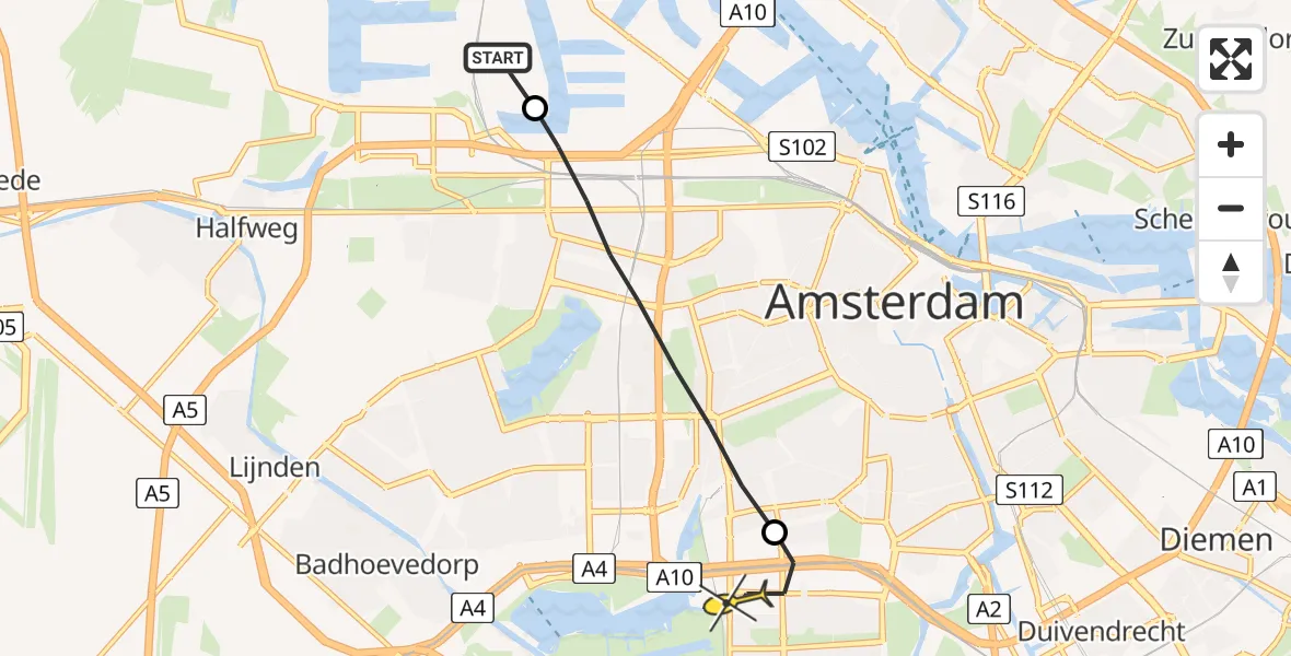 Routekaart van de vlucht: Lifeliner 1 naar VU Medisch Centrum Amsterdam