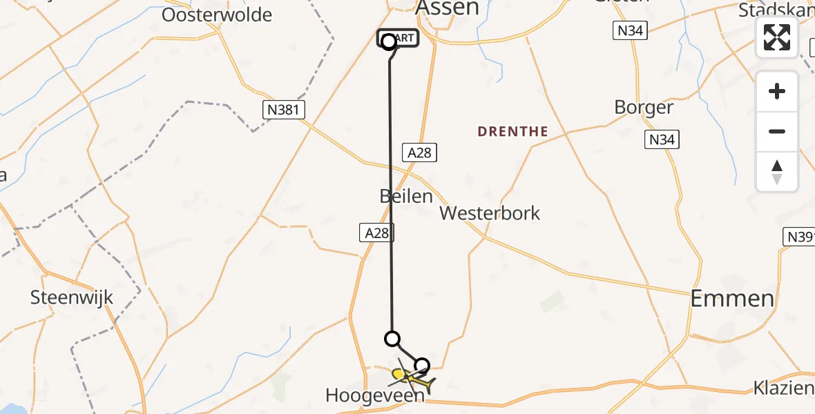 Routekaart van de vlucht: Politiehelikopter naar Vliegveld Hoogeveen