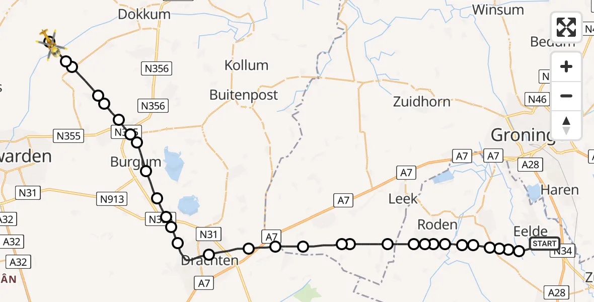 Vluchtroute Traumahelikopter Groningen Airport Eelde - Wânswert, 02 juli 2022, 15:54
