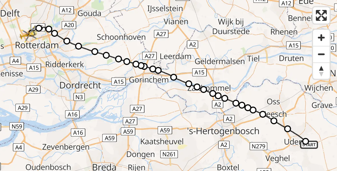 Vluchtroute Traumahelikopter Vliegbasis Volkel - Rotterdam The Hague Airport, 02 juli 2022, 16:11