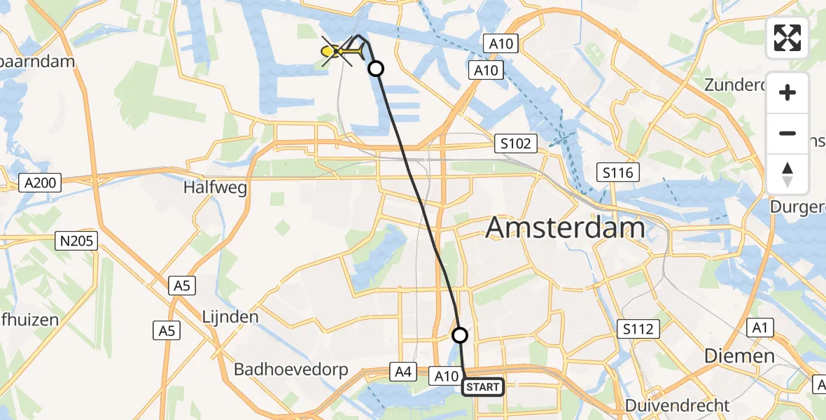 Routekaart van de vlucht: Lifeliner 1 naar Amsterdam Heliport
