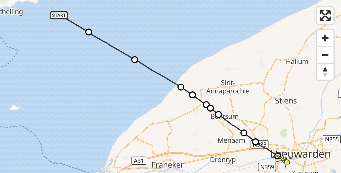 Routekaart van de vlucht: Ambulanceheli naar Leeuwarden