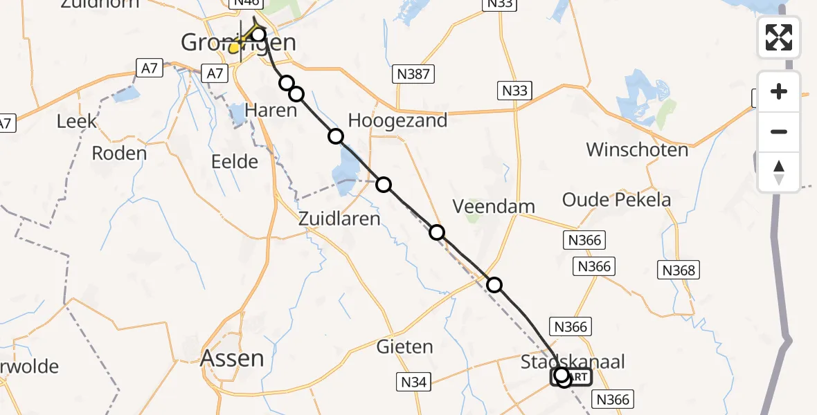 Routekaart van de vlucht: Lifeliner 4 naar Universitair Medisch Centrum Groningen