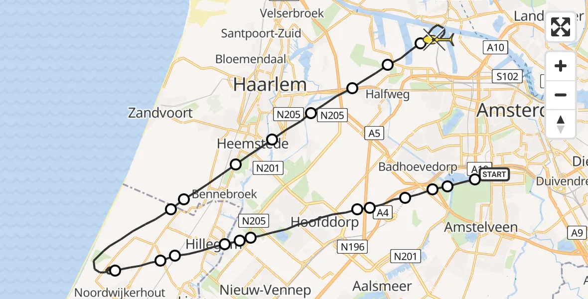 Routekaart van de vlucht: Lifeliner 1 naar Amsterdam Heliport