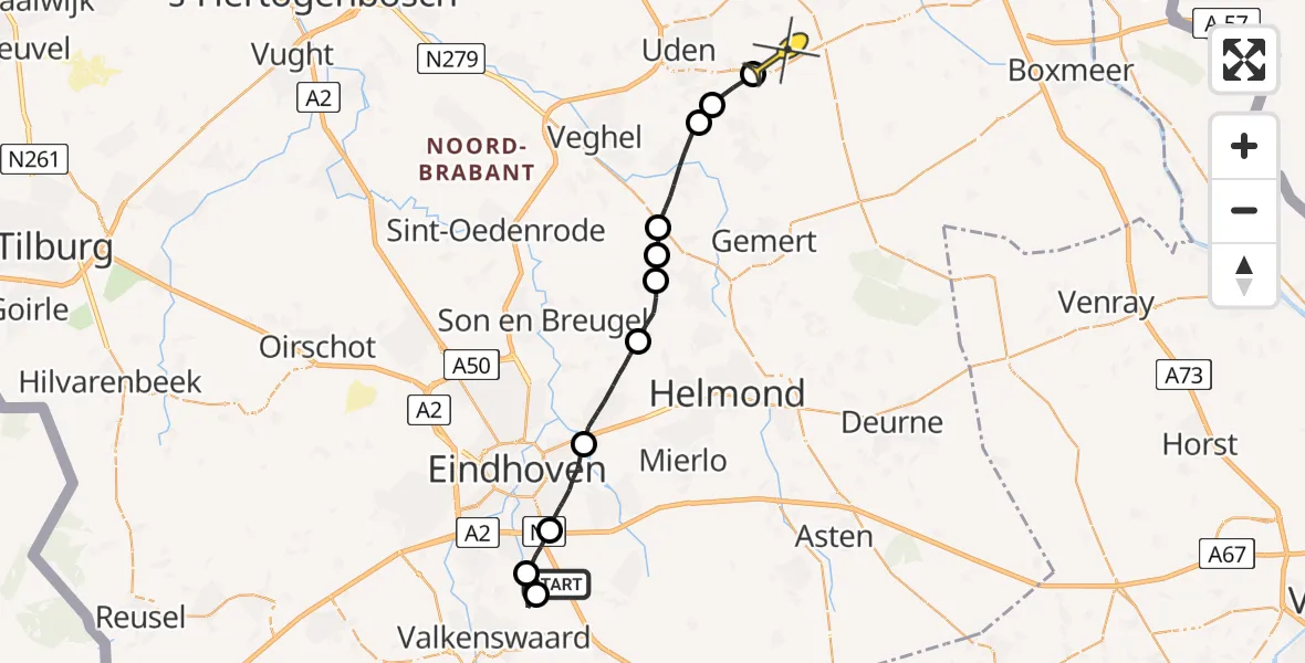 Routekaart van de vlucht: Politiehelikopter naar Vliegbasis Volkel