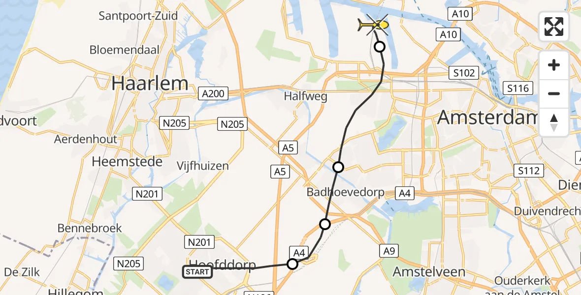 Routekaart van de vlucht: Lifeliner 1 naar Amsterdam Heliport