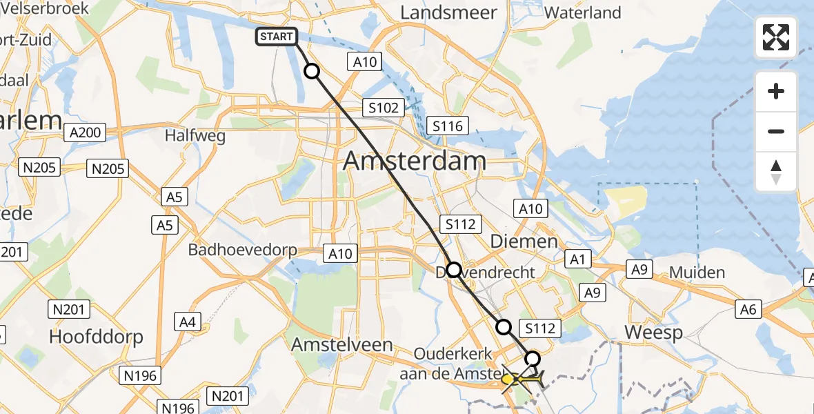 Routekaart van de vlucht: Lifeliner 1 naar Academisch Medisch Centrum (AMC)