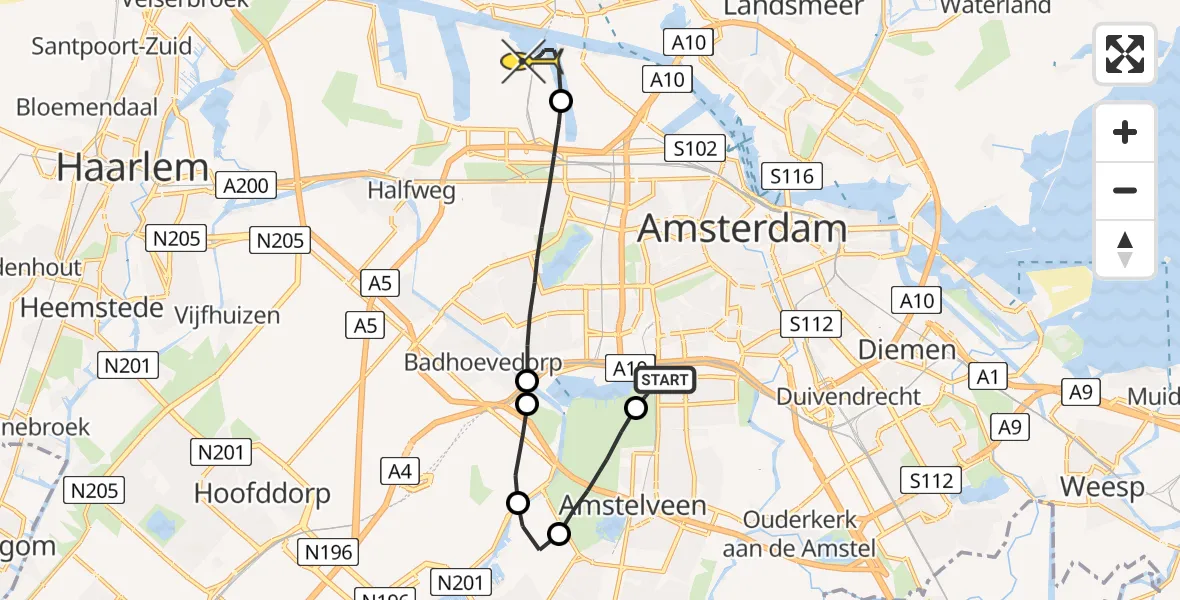 Routekaart van de vlucht: Lifeliner 1 naar Amsterdam Heliport
