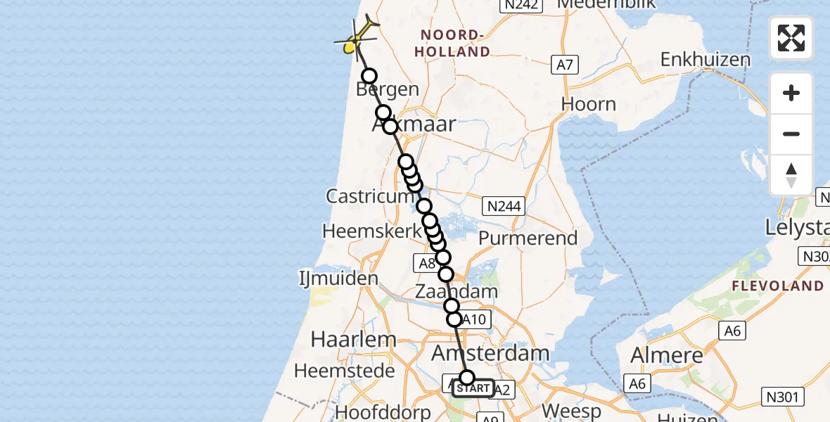 Routekaart van de vlucht: Lifeliner 1 naar Schoorl