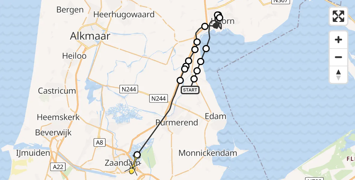 Routekaart van de vlucht: Politieheli naar Oostzaan