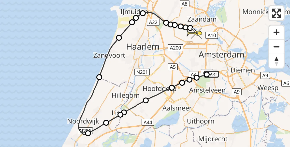Routekaart van de vlucht: Lifeliner 1 naar Amsterdam Heliport