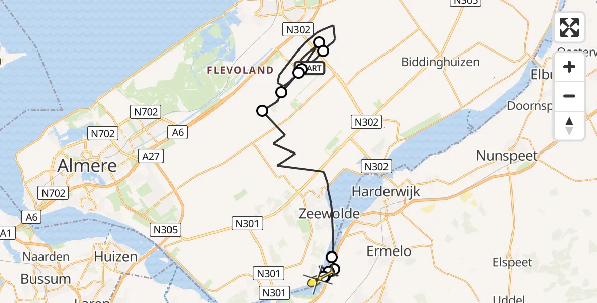 Routekaart van de vlucht: Politieheli naar Zeewolde