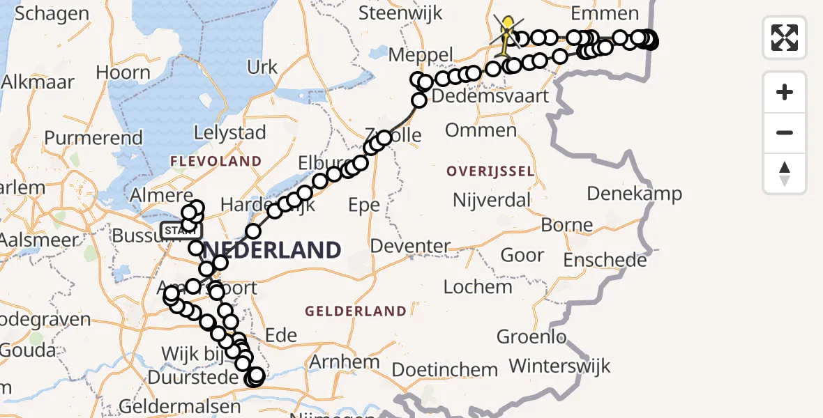 Routekaart van de vlucht: Politiehelikopter naar Vliegveld Hoogeveen