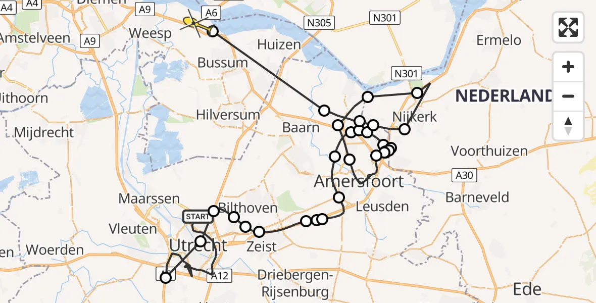 Routekaart van de vlucht: Politieheli naar Naarden