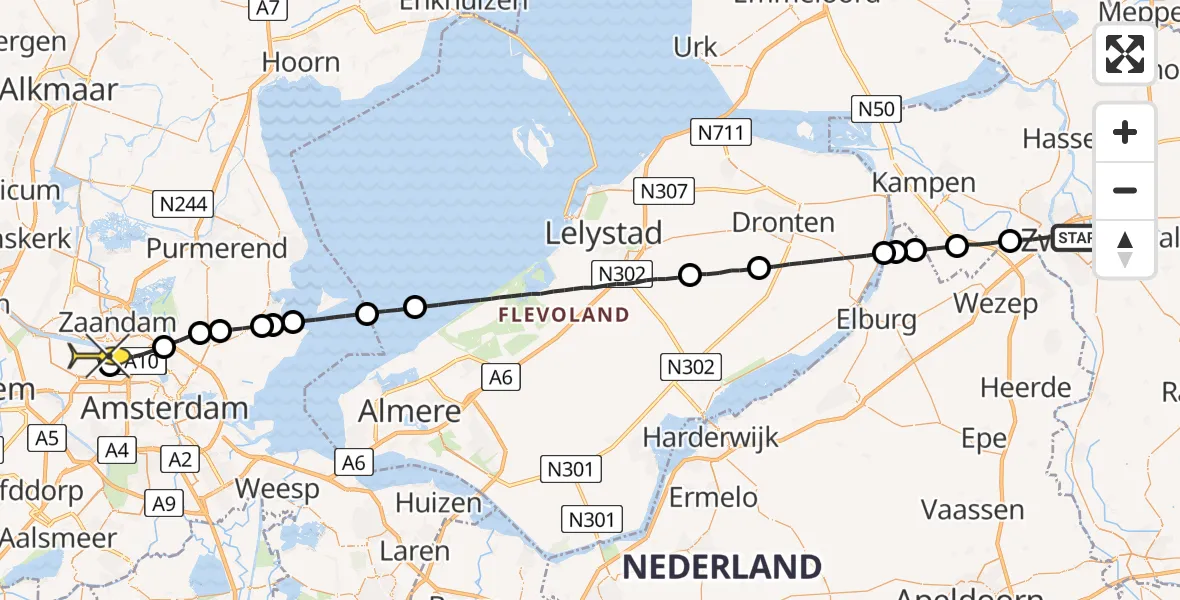 Routekaart van de vlucht: Lifeliner 1 naar Amsterdam Heliport