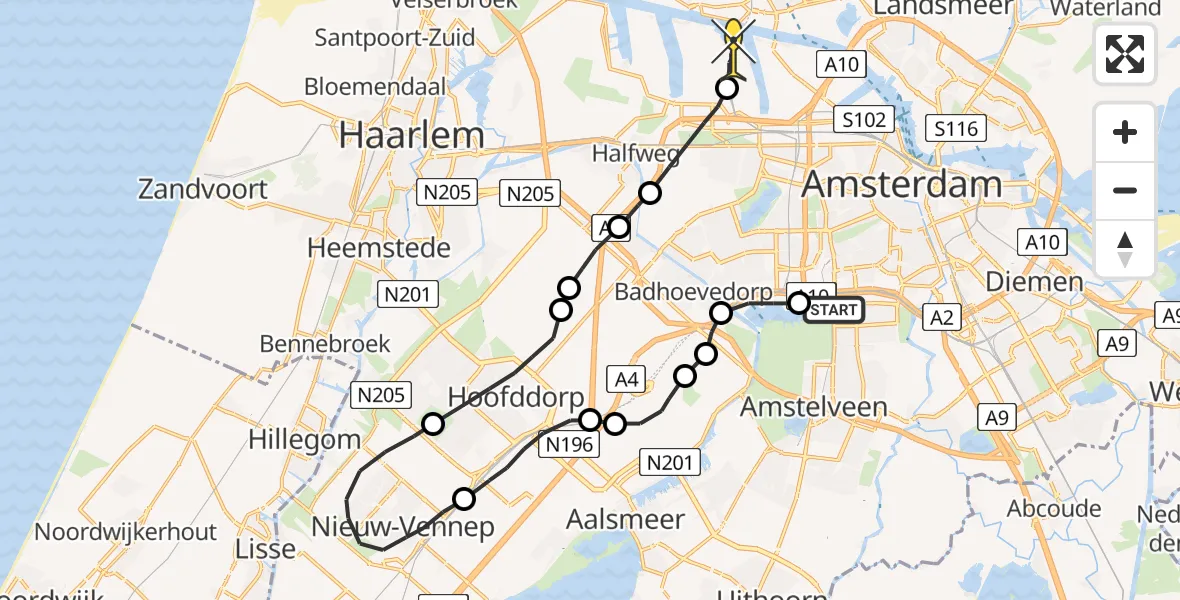 Routekaart van de vlucht: Lifeliner 1 naar Amsterdam Heliport