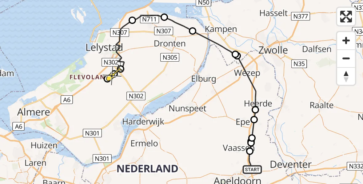 Routekaart van de vlucht: Politieheli naar Lelystad Airport