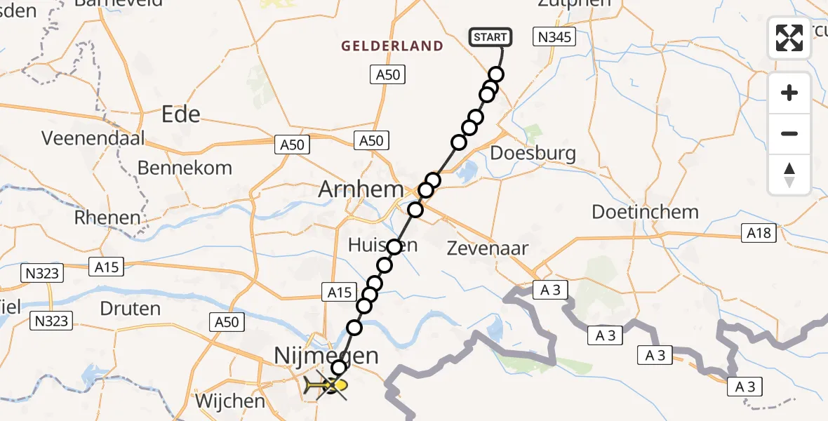 Routekaart van de vlucht: Lifeliner 3 naar Radboud Universitair Medisch Centrum