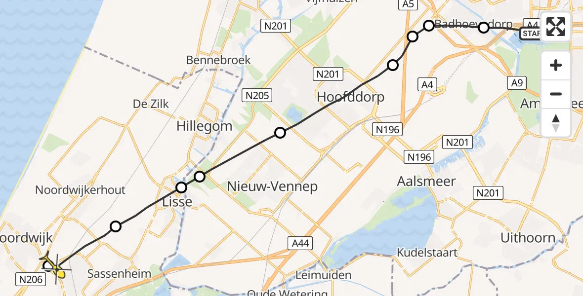 Routekaart van de vlucht: Lifeliner 1 naar Voorhout