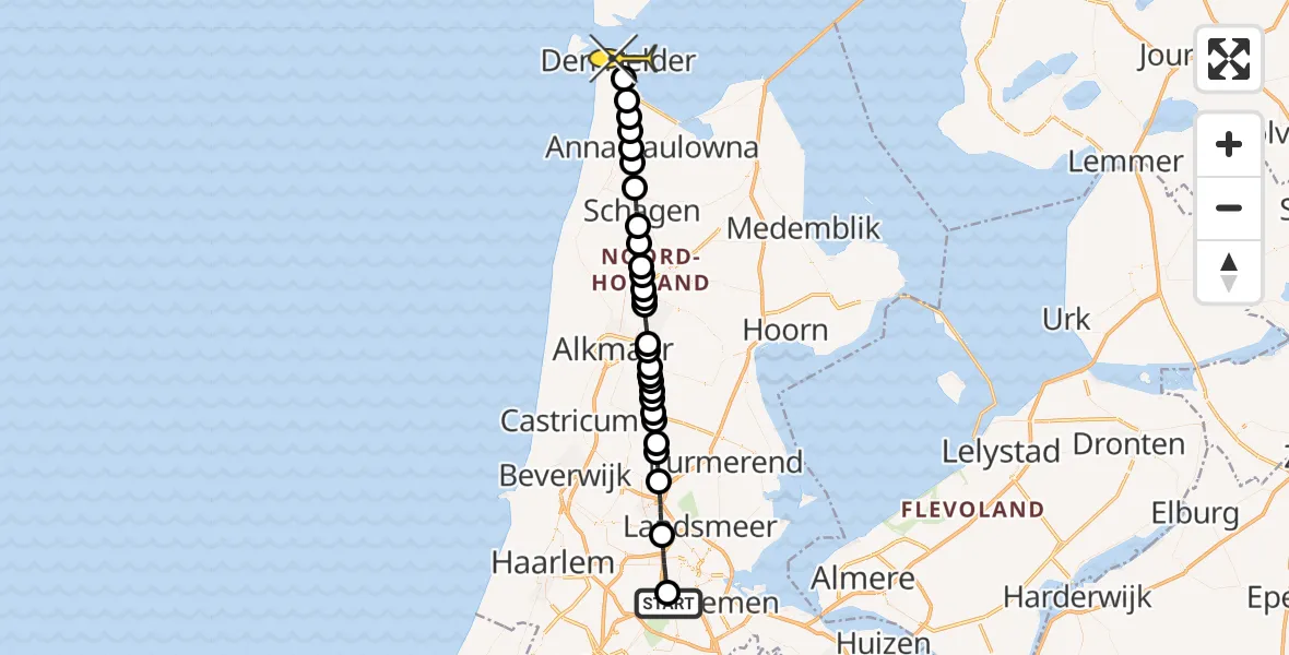 Routekaart van de vlucht: Lifeliner 1 naar Den Helder