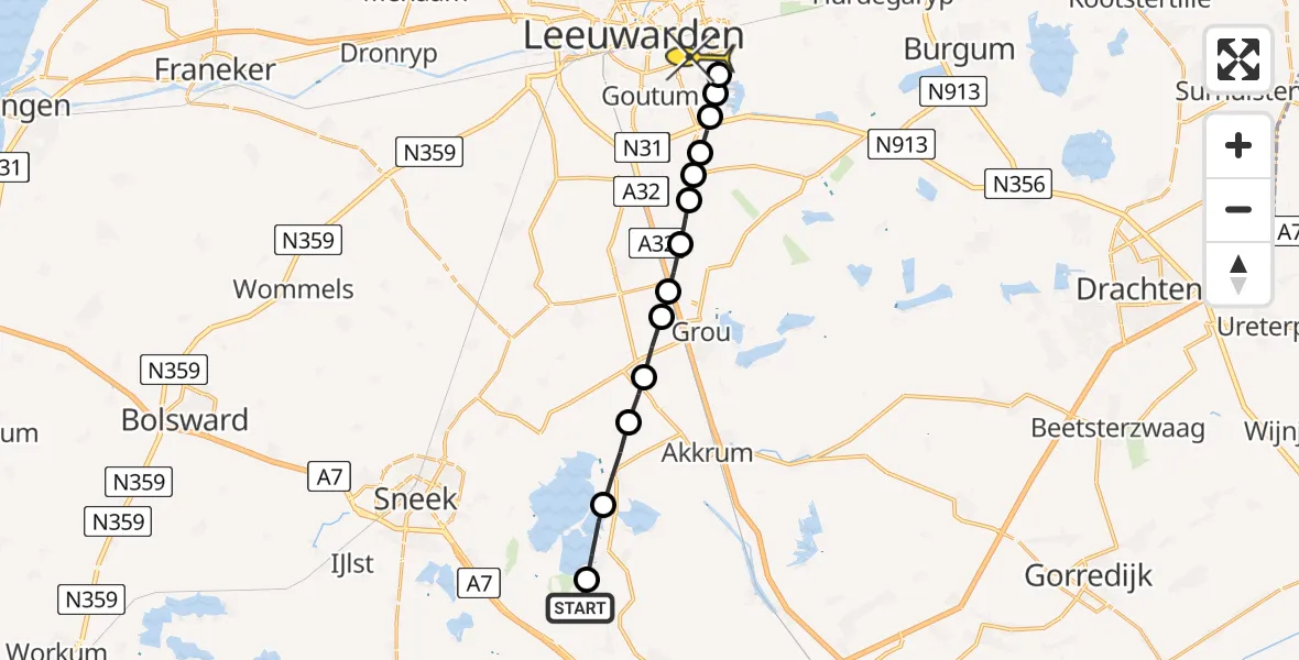 Routekaart van de vlucht: Politieheli naar Leeuwarden