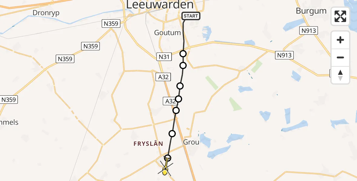 Routekaart van de vlucht: Politiehelikopter naar Jirnsum