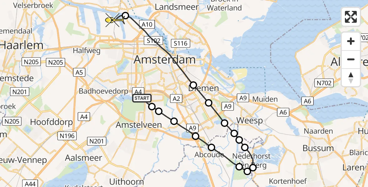 Routekaart van de vlucht: Lifeliner 1 naar Amsterdam Heliport
